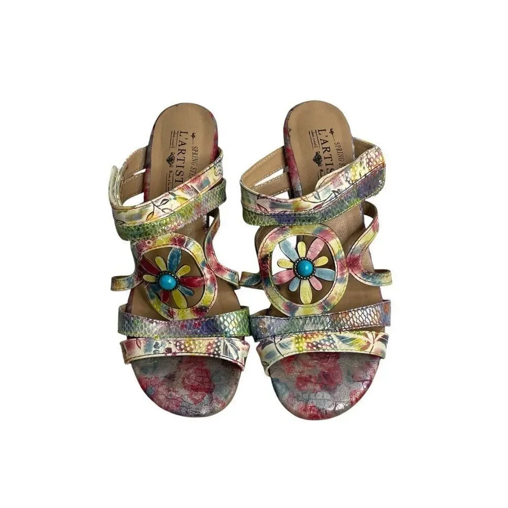 L’Artiste floral block‎ heel slide sandals heels Size 39 turquoise boho artsy